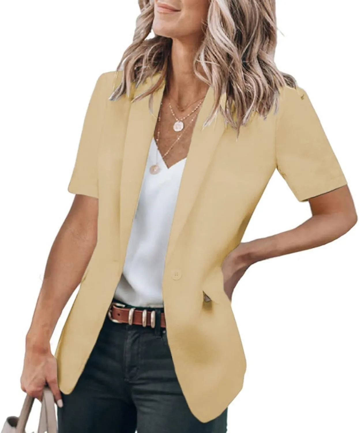 Womens Casual Blazers Work Office Suit Jackets Open Front Short Sleeve Suit Lapel Jacket Blazer with Pockets