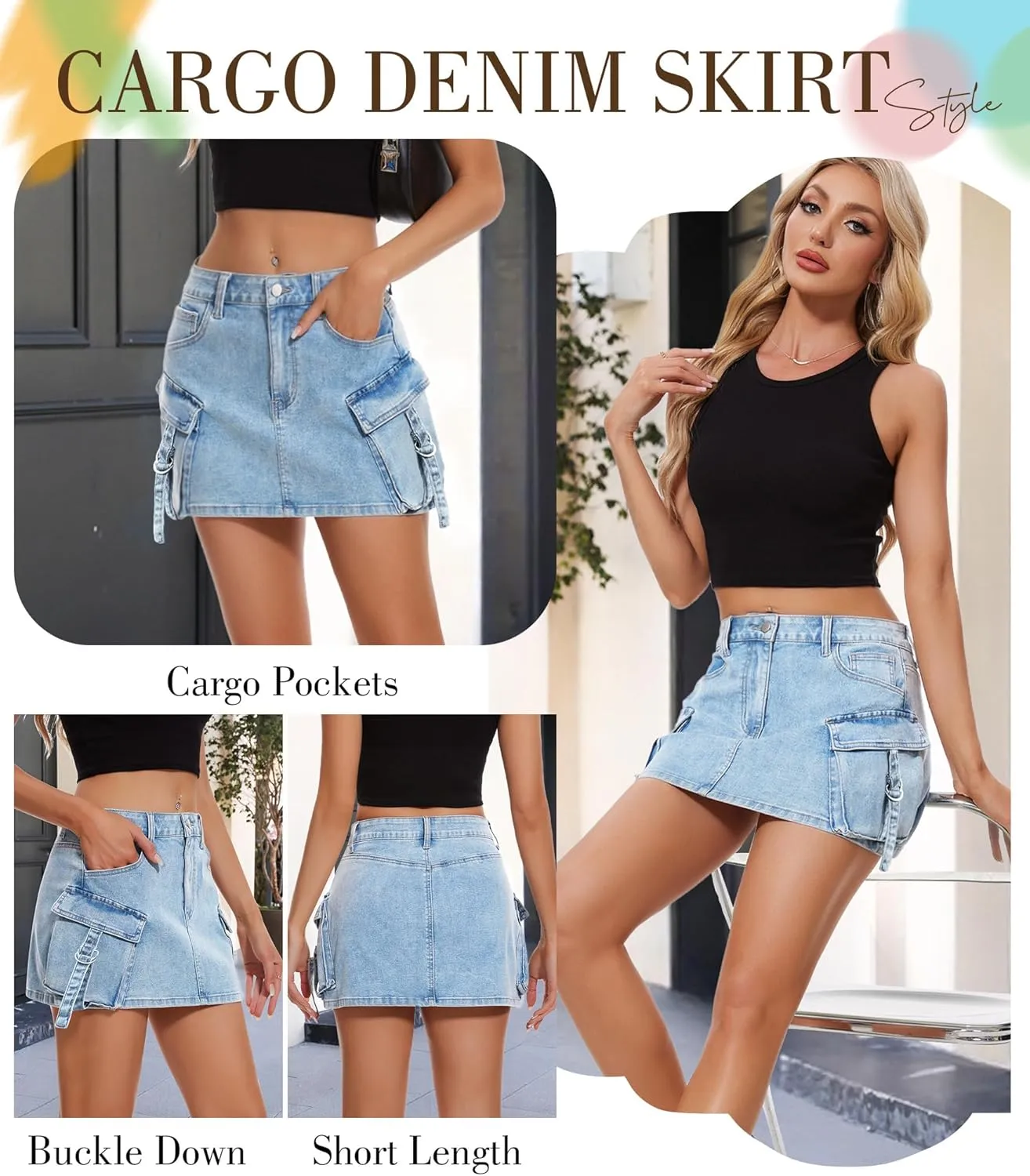 Womens Denim Cargo Skirt Mini High Waisted Button Cute Y2k Jean Skirts with Pockets