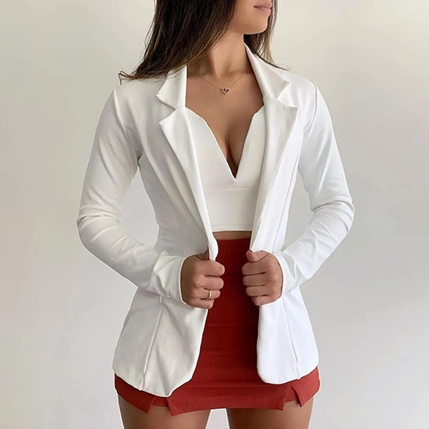 Women's Long Blazer Solid Open Front Cardigan Formal Suit Sleeve Blouse Coat Blazers for Work Casual