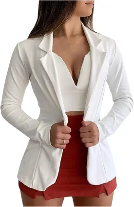 Women's Long Blazer Solid Open Front Cardigan Formal Suit Sleeve Blouse Coat Blazers for Work Casual