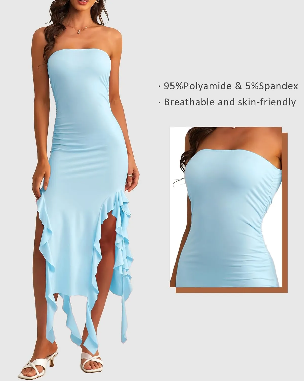 Y2k Strapless Ruffle Dress for Women - Flowy Beach Bodycon Tube Dress With Slit and Trim