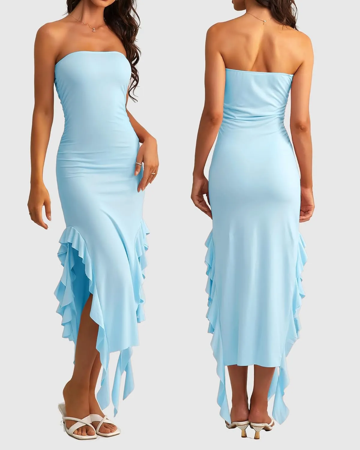 Y2k Strapless Ruffle Dress for Women - Flowy Beach Bodycon Tube Dress With Slit and Trim