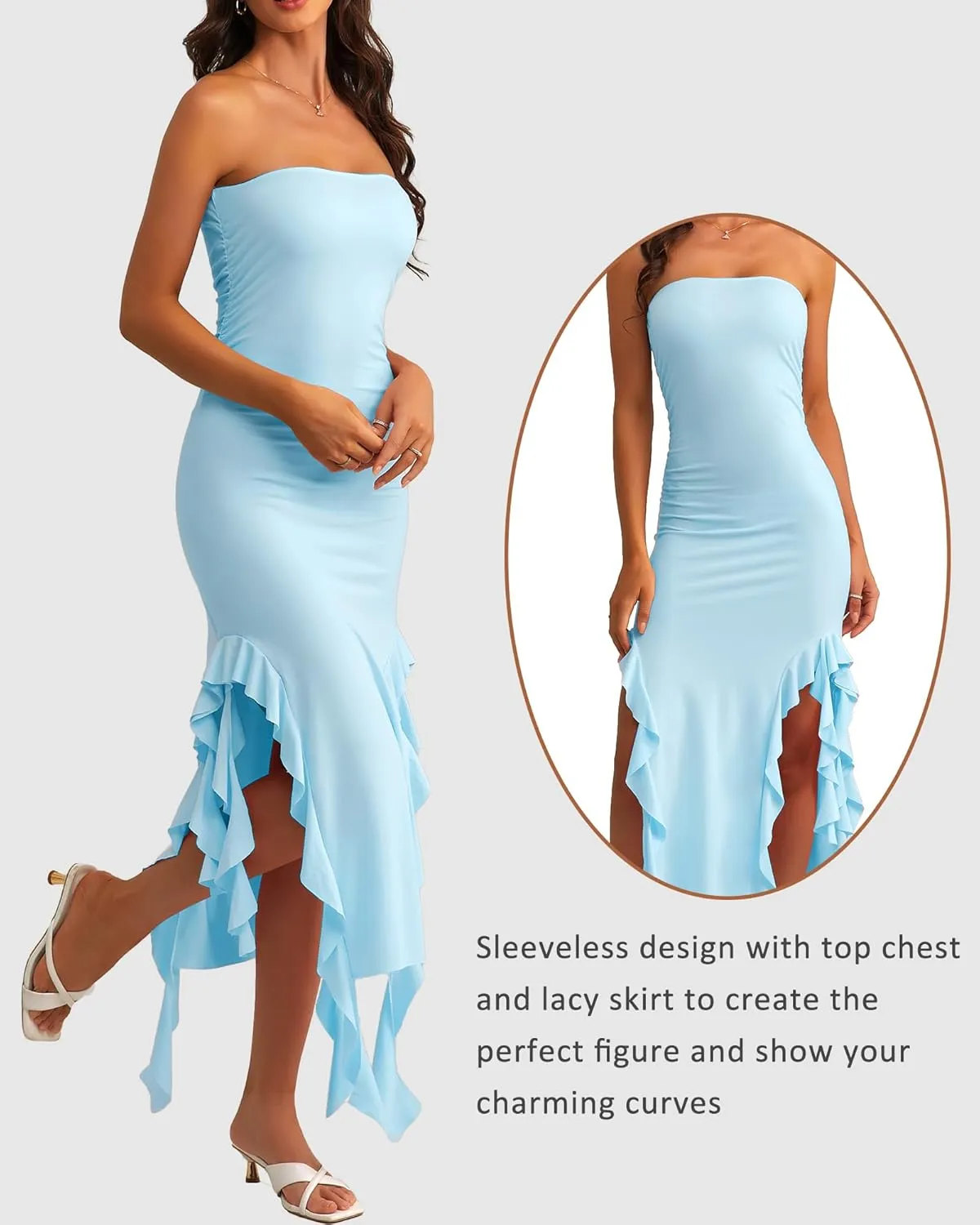 Y2k Strapless Ruffle Dress for Women - Flowy Beach Bodycon Tube Dress With Slit and Trim