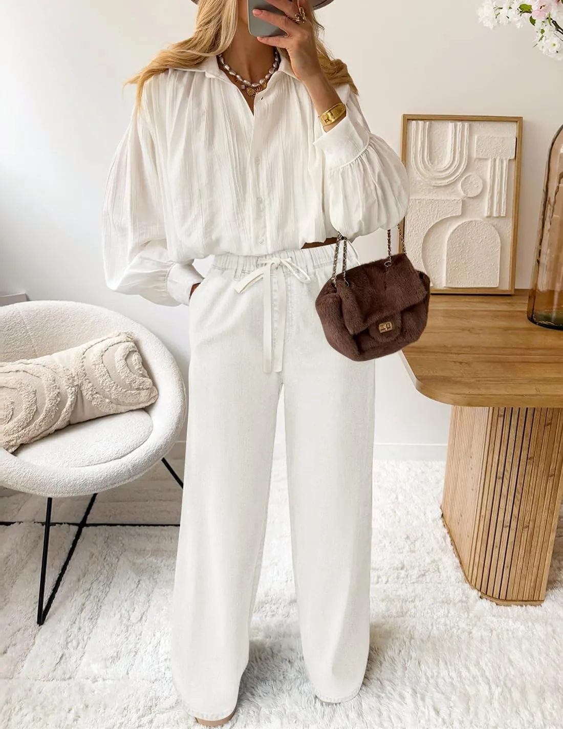 ZESICA Womens Drawstring High Waist Jeans Loose Fit Wide Leg Straight Baggy Trendy Denim Pants with Pockets