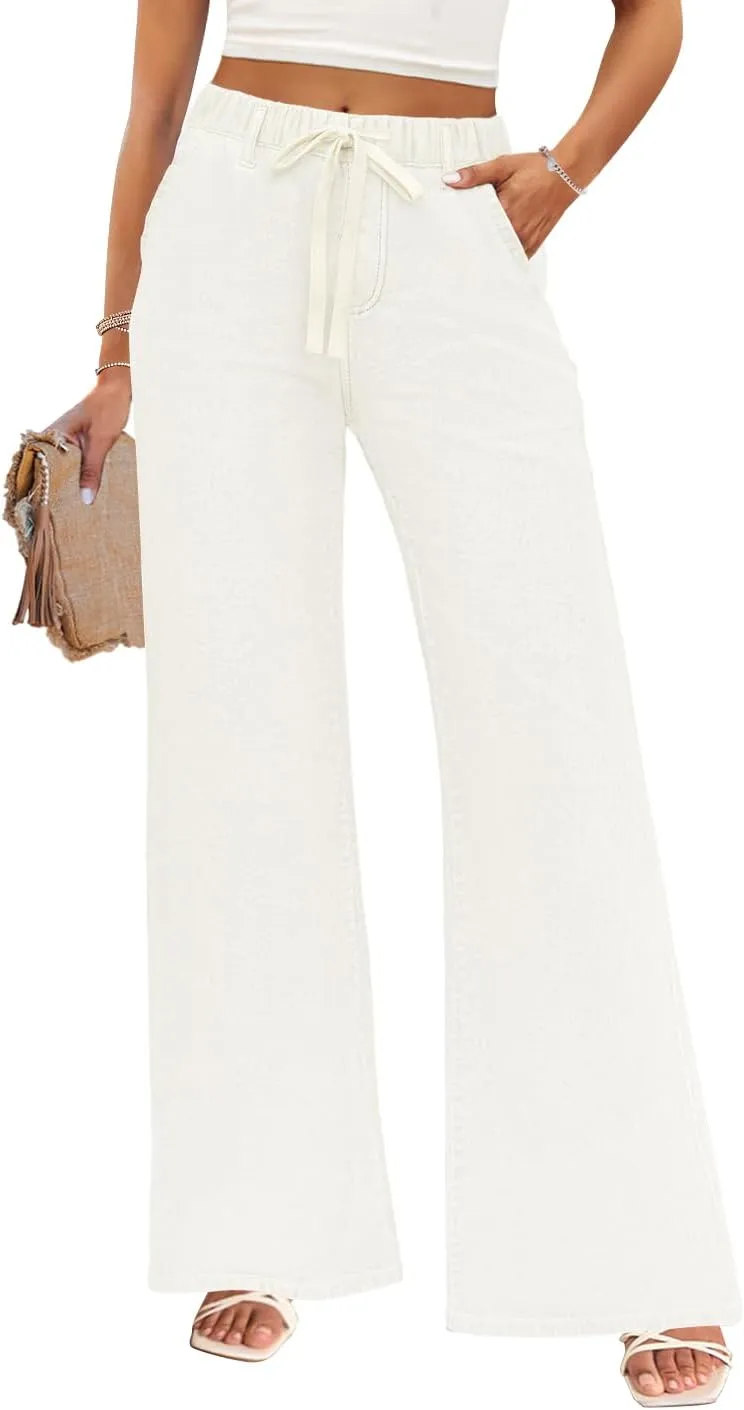 ZESICA Womens Drawstring High Waist Jeans Loose Fit Wide Leg Straight Baggy Trendy Denim Pants with Pockets